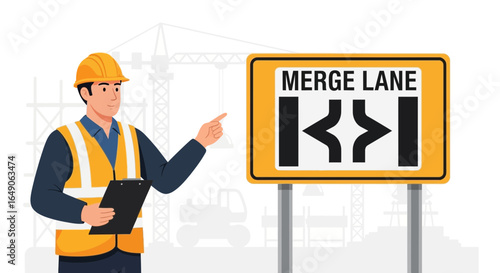 Road Construction Supervisor Explaining Merge Lane Sign to Drivers with Caution