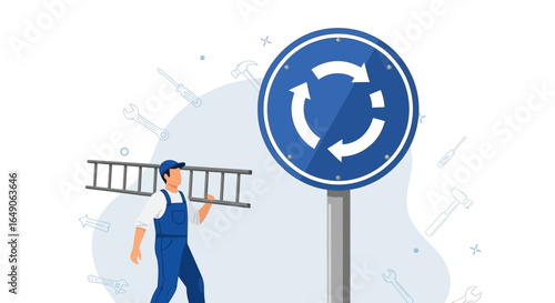 Road Repair And Maintenance Worker Installing A Roundabout Traffic Sign