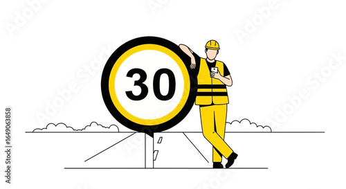 Road Safety Inspector Resting Near Speed Limit Sign on Road Construction Site