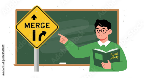 Road Safety Instructor Explaining Traffic Regulations with Educational Merge Sign