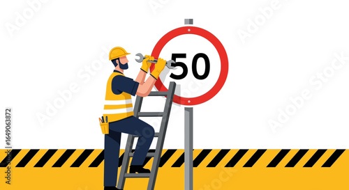 Road Safety Inspector Fixing Speed Limit Sign With Spanner and Standing On Ladder
