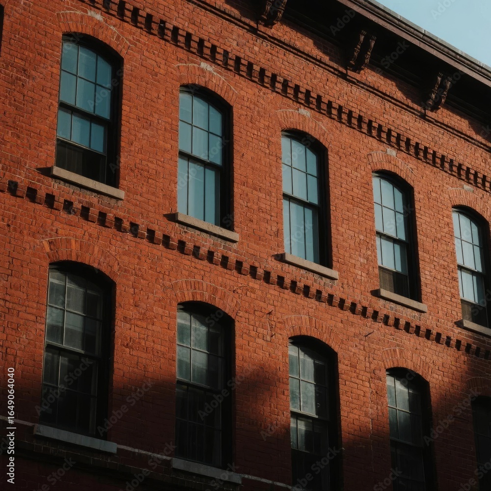 Obraz premium Red Brick Building with Arched Windows and Decorative Cornices
