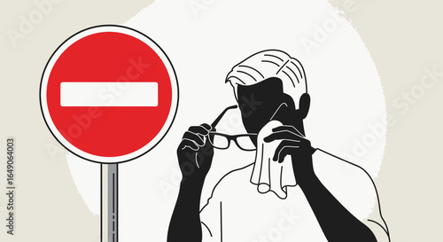 Road Sign Symbolizing Rejection, A Man Wipes Tears With A White Cloth