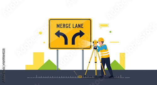 Road Surveyor Ensuring Accuracy At Merge Lane Ahead Road Sign