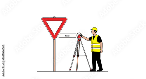 Road Surveyor Using Theodolite Measuring near Yield Sign During Road Construction