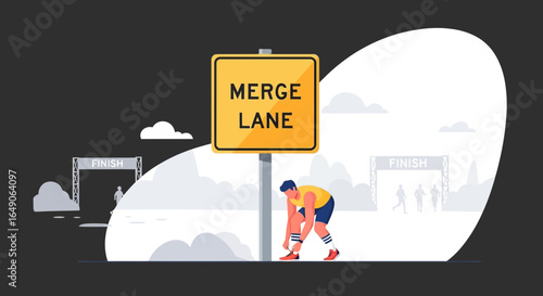 Road To Completion Man Tying Shoe Laces Near Merge Lane Sign