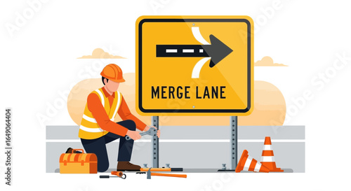 Road Work Man Installing a Merge Lane Sign on the Highway