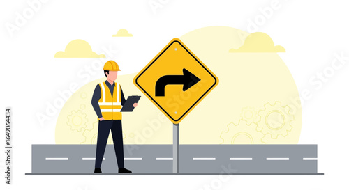 Road Worker Inspecting Right Turn Ahead Warning Sign With Clipboard