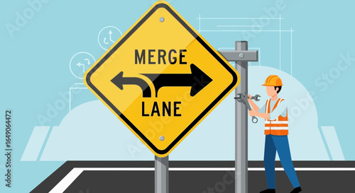Road Worker Installing New Merge Lane Signage On The Highway Project