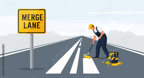 Road Worker Painting Lines Near Merge Sign For Improved Road Safety