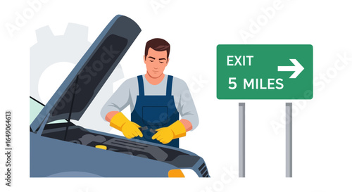 Roadside Assistance Mechanic Repairing A Car Five Miles To The Exit Sign
