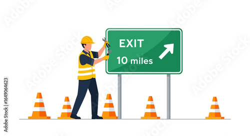 Roadside Assistance Worker Performing Sign Maintenance Near Cones Exit Sign