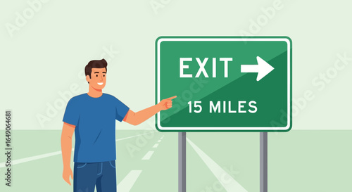 Roadside Guidance Man Points to Exit Sign for Driver Information