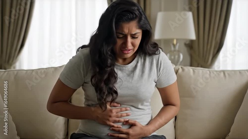 Pregnant Woman Experiencing Pain Sitting on Sofa in Living Room