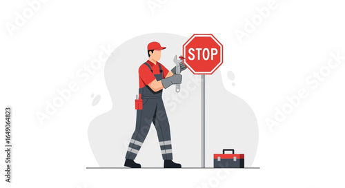 Roadway Maintenance Worker Repairing A Stop Sign With A Wrench