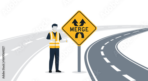 Roadway Merge Ahead Illustration For Safe Driving And Traffic Awareness
