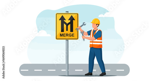Roadway Management Worker Replacing Important Merge Road Sign for Safety First