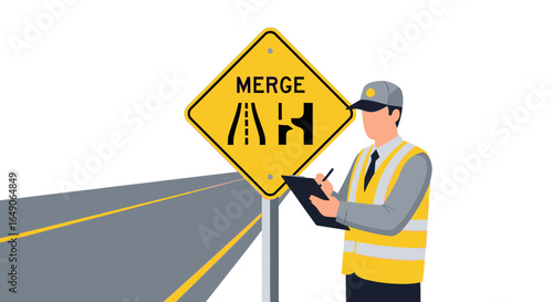 Roadway Safety Inspector Examines Merge Ahead Warning Sign With Clipboard