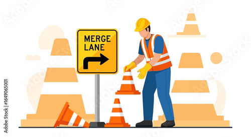 Roadwork Safety Visuals Depicting Workers and Signage at Construction Sites