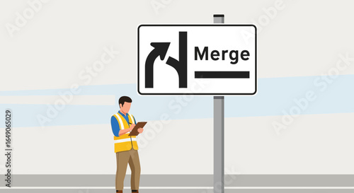 Roadwork Surveyor Inspecting Road Sign For Traffic Merging Ahead On The Highway