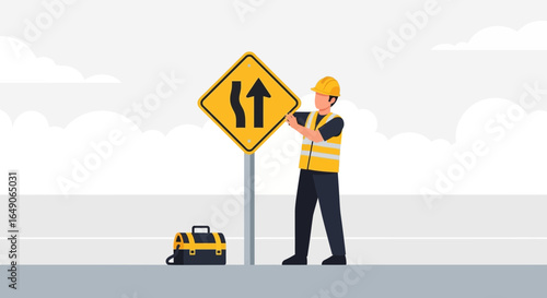 Roadworks Ahead Worker Installing Sign Cautionary For Drivers Passing By