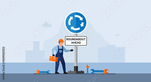 Roadworks Around The Corner With Roundabout Sign Symbol And Maintenance Man