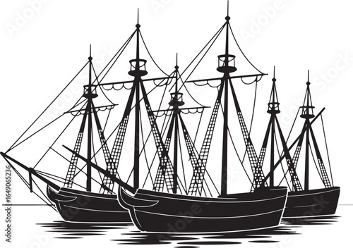 Vintage sailing ships fleet navigating calm waters
