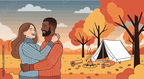 Romantic Autumn Getaway Interracial Couple Camping Trip In The Woods Illustration