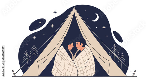 Romantic Camping Under The Stars Couple Wrapped in a Blanket Inside Tent
