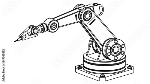 Illustration of a robotic arm with multiple joints and a pointed tool at the end in black and white