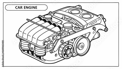 Detailed line drawing of a car engine with visible belts and cylinders in black and white rendering