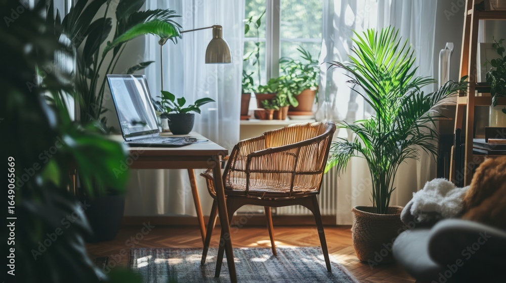 Obraz premium Interior design featuring a comfortable workspace filled with natural light
