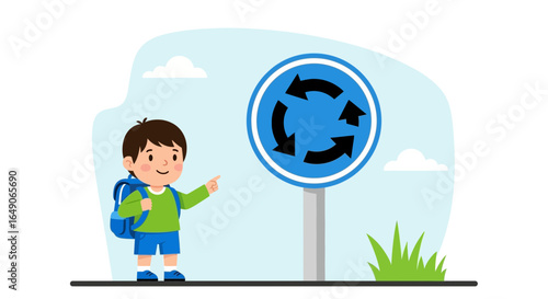 Roundabout Ahead Illustration Boy With Backpack Pointing Direction Sign