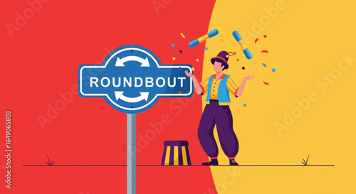 Roundabout Juggler Performance Artistic Show On Stage Under Spotlight At Carnival