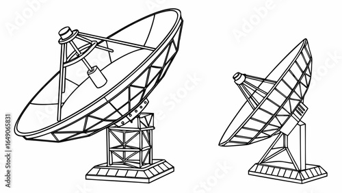 Illustration of two satellite dishes with intricate line work and detailed support structures shown in black and white