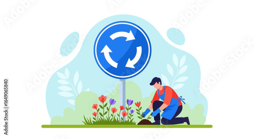 Roundabout Landscaping Brings Nature And Safety Together In Vibrant Vector Scene