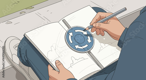 Roundabout Road Design Inspires Creative Hand Drawn Sketch on a Sunny Day