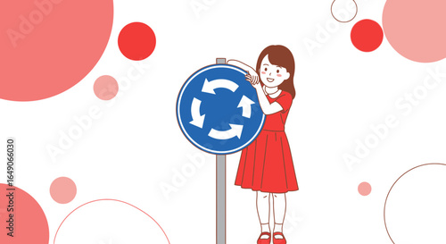 Roundabout Rules Girl Illustration Road Safety Concept And Circulation Arrows