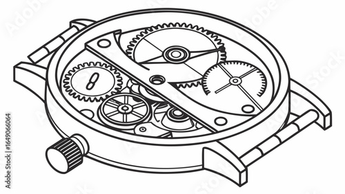 Detailed line drawing of an open watch mechanism with gears and internal components visible inside the casing