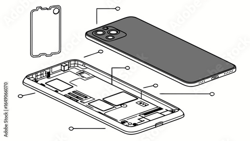 Exploded view of a smartphone showing the back panel, frame, and internal components in detail drawing