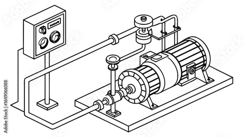 Isometric line drawing of a pump system with motor pipes and a control panel on a platform base