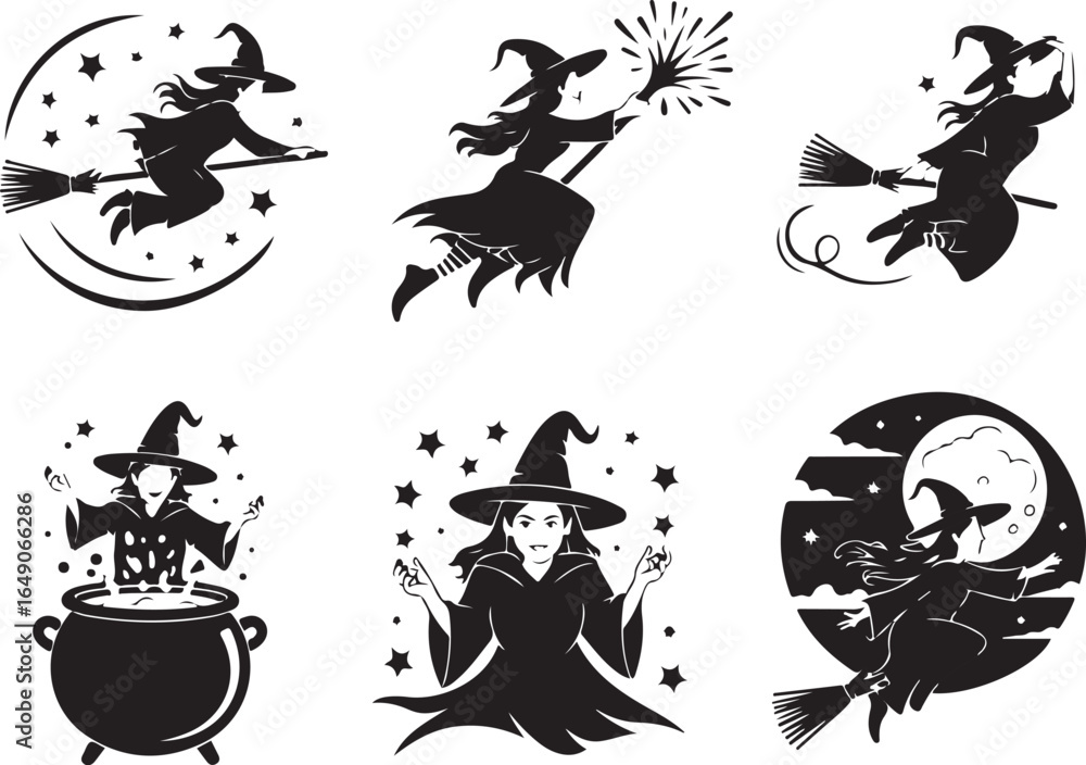 Naklejka premium Magical Halloween witches flying on brooms casting spells