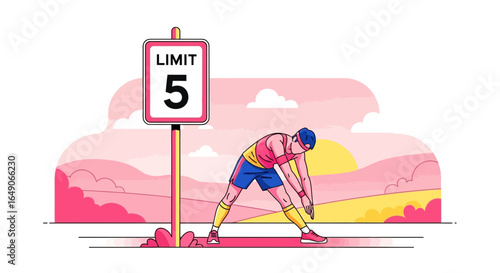 Runner Stretches Near Limit Sign Under Sunrise Illustration Training Session