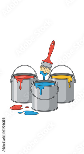 Colorful paint cans with a brush dripping paint on a white background for creative projects and art supplies