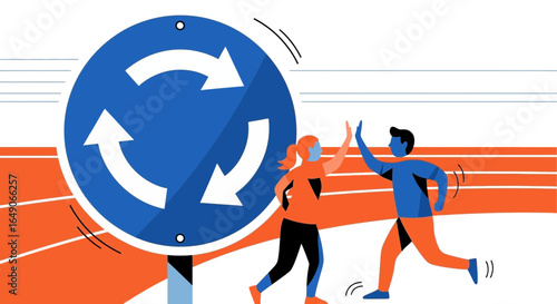 Runners Cheering With Roundabout Sign Symbolizing Cyclical Process And Competition