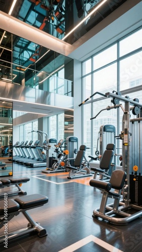Modern gym with various exercise machines and large windows