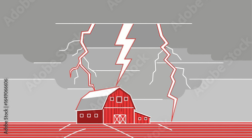Rural Landscape With Striking Lightning Around The Barn On A Cloudy Day