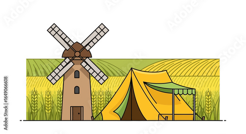 Rural Landscape With Windmill Camping Tent And Wheat Field Illustration