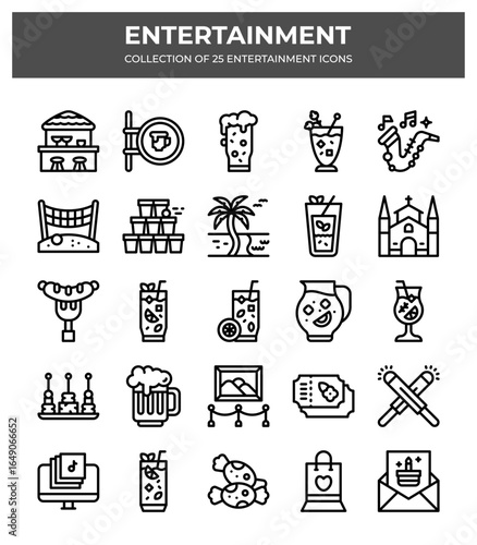 Collection of 25 Entertainment Icons. Fun Activities. Summer Drinks and More!