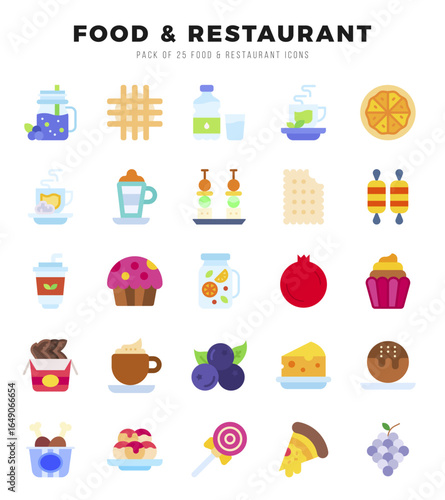Food and Restaurant Flat icons collection. 25 icon set. Vector illustration.